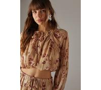Warehouse Women's Shadow Stripe Cropped Bubble Hem Boho Blouse in Floral | Size: 10 Warehouse Floral 10