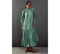 Warehouse Shadow Stripe Tie Back Neck Ruffle Tier Midi Dress In Olive olive 8