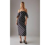 Warehouse Spot Structured Puff Sleeve Bardot Midi Dress In Mono mono 12