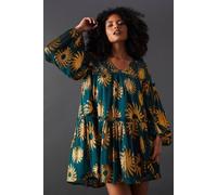 Warehouse Sun Metallic Jacquard Frill Detail Mini Smock Dress In Dark Green dark green 8