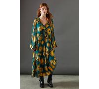Warehouse Sun Metallic Jacquard Frill Front Smock Midi Dress In Dark Green dark green