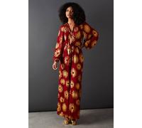 Warehouse Sun Metallic Jacquard Tie Neck Jumpsuit In Dark Red dark red 6