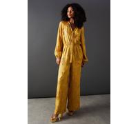 Warehouse Sun Metallic Jacquard Tie Neck Jumpsuit In Gold gold 8