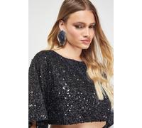 Warehouse Tinsel Sequin Cropped Tshirt Co Ord In Black black 14