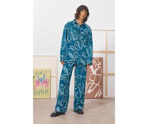 Warehouse Tony Printed Wide Leg Denim Jean Co-Ord In Mid Blue mid blue