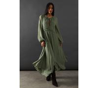 Warehouse Tufted Dobby Chiffon Button Front Tie Neck Hanky Hem Midi Dress In Khaki khaki 6
