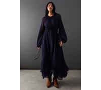 Tufted Dobby Chiffon Button Front Tie Neck Hanky Hem Midi Dress Warehouse Navy 10