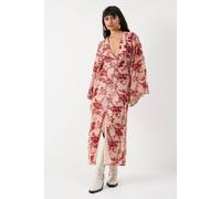 Warehouse Velvet Plunge Neck Flared Sleeve Button Through Midi Dress red 10
