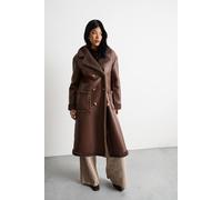 Warehouse Whipstitch Faux Leather Shearling Coat In Chocolate chocolate