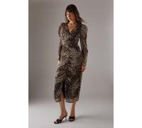 Warehouse Women's Animal Chiffon Ruched Plunge Button front Midi Dress | Size: 8 Warehouse Animal 8