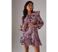 Warehouse Women's Animal Poplin Oversized Collar Tie Detail Mini Smock Dress in Pink | Size: 8