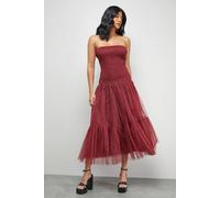 Warehouse Women's Bandeau Sheering Tulle Maxi Dress in Wine | Size: 14