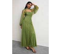 Warehouse Women's Bow Detail Gathered Tulle Maxi Dress with Open Neck in Green | Size: 8