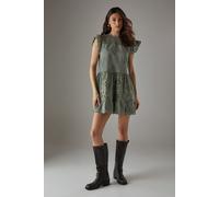 Broderie Mix Tier Mini Smock Dress Warehouse Khaki 8