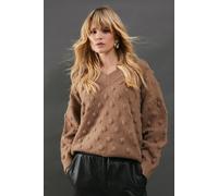 Warehouse Women's Bubble Knit Slouchy V Neck Jumper in Camel | Size: Small