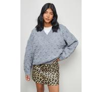 Warehouse Women's Bubble Knit Slouchy V Neck Jumper in Grey Marl | Size: Large