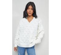Warehouse Women's Bubble Knit Slouchy V Neck Jumper in Ivory | Size: Medium