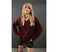 Warehouse Women's Bubble Knit Slouchy V Neck Jumper in Wine | Size: Large