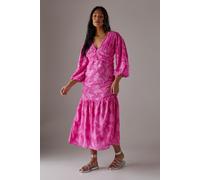 Warehouse Women's Burnout Chiffon Plunge Neck Ruched Bodice Peplum Midi Dress in Pink | Size: 8 Warehouse Pink 8