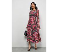 Warehouse Women's Burnout Floral Chiffon Slash Neck Bias Midi Dress in Black | Size: 8