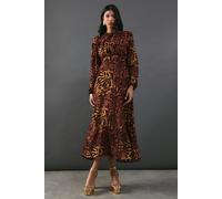 Warehouse Women's Burnout Velvet Balloon Sleeve Empire Seam Midi Dress in Animal | Size: 8 Warehouse Animal 8