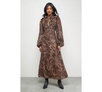 Warehouse Women's Burnout Velvet Frill Shoulder Tie Front Midi Dress in Animal | Size: 10