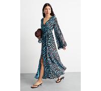 Warehouse Women's Burnout Velvet Plunge Neck Flared Sleeve Belted Maxi Dress in Blue | Size: 8