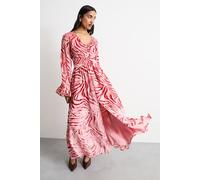 Warehouse Women's Burnout Velvet Plunge Neck Flared Sleeve Belted Maxi Dress in Red | Size: 12