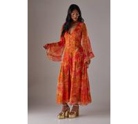 Warehouse Women's Chiffon Bohemian Button Through Maxi Dress in Orange | Size: 8 Warehouse Orange 8