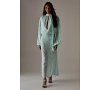 Warehouse Women's Chiffon Jacquard High Neck Slash Front Blouse in Apple Green | Size: 10