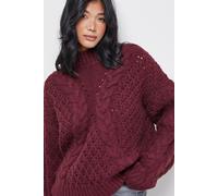 Warehouse Women's Chunky Cable Knit Roll Neck Jumper in Dark Red | Size: Medium Warehouse Dark Red M