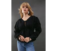 Warehouse Women's Cotton Tie Front Volume Sleeve Blouse in Black | Size: 6