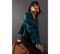 Warehouse Women's Cotton Tie Front Volume Sleeve Blouse in Dark Green | Size: 6