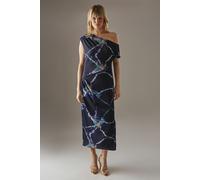 Warehouse Women's Crinkle Satin Fallen Shoulder Knot Side Midi Dress in Navy | Size: 10 Warehouse Navy 10