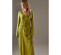 Warehouse Women's Crinkle Satin Ruched Front Column Midi Dress in Chartreuse | Size: 8 Warehouse Chartreuse 8