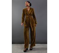 Warehouse Women's Crushed Velvet High Waisted Tailored Trouser in Olive | Size: 6