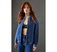 Warehouse Women's Denim All Over Hotfix Bomber Jacket in Dark Wash | Size: 10 Warehouse Dark Wash 10