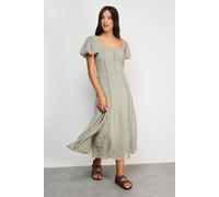 Warehouse Women's Dobby Chiffon Button Bodice Godet Seam Midi Tea Dress in Khaki | Size: 12 Warehouse Khaki 12