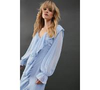 Warehouse Women's Dobby Chiffon Ruffle High Low Hem Midi Dress in Blue | Size: 8 Warehouse Blue 8