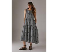 Warehouse Women's Embroidered Gingham Sleeveless Midi Sundress in Black | Size: 8