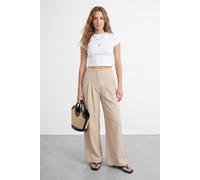 Warehouse Women's Extreme High Waisted Wide Leg Pleated Tailored Trousers in Stone | Size: 14