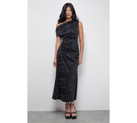 Warehouse Women's Faux Crinkle Leather Fallen Shoulder Ruched Waist Midi Dress in Black | Size: 10