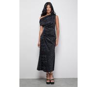 Warehouse Women's Faux Crinkle Leather Fallen Shoulder Ruched Waist Midi Dress in Black | Size: 8 Warehouse Black 8