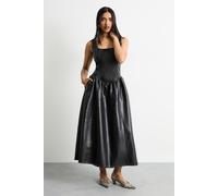 Warehouse Women's Faux Leather Whipstitch Trim Midi Dress in Black | Size: 10