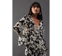 Warehouse Women's Floral Chiffon Ruffle Front Blouse in Mono | Size: 6
