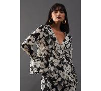 Warehouse Women's Floral Chiffon Ruffle Front Blouse in Mono | Size: 8 Warehouse Mono 8