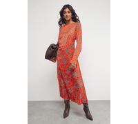 Warehouse Women's Floral Crinkle Satin Bias Button Side Midi Dress in Orange | Size: 8 Warehouse Orange 8