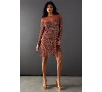 Warehouse Women's Hand Embellished Sequin Fringe Yoke Mini Dress in Bronze | Size: 8 Warehouse Bronze 8