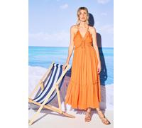 Warehouse Women's HCD Chiffon Ruffle Strappy Floaty Maxi Dress in Orange | Size: 12 Warehouse Orange 12