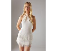 Warehouse Women's Hen Satin Crinkle Fringe Knot Halter Mini Dress in Ivory | Size: 14 Warehouse Ivory 14